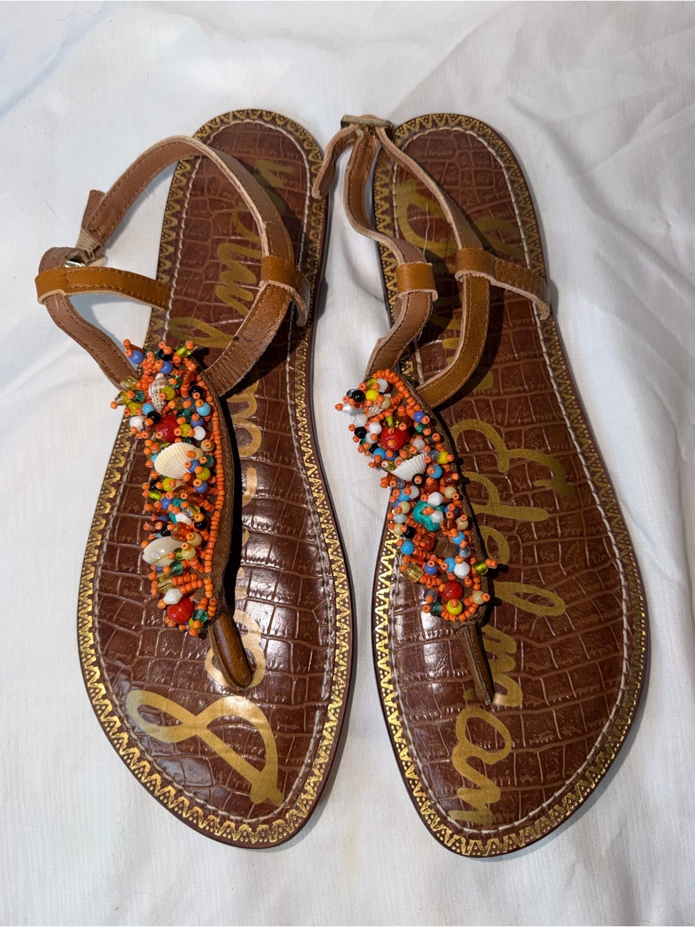 Sam Edelman Gigi Beaded Shell Sandals - Cognac/Multi - Size 10M
